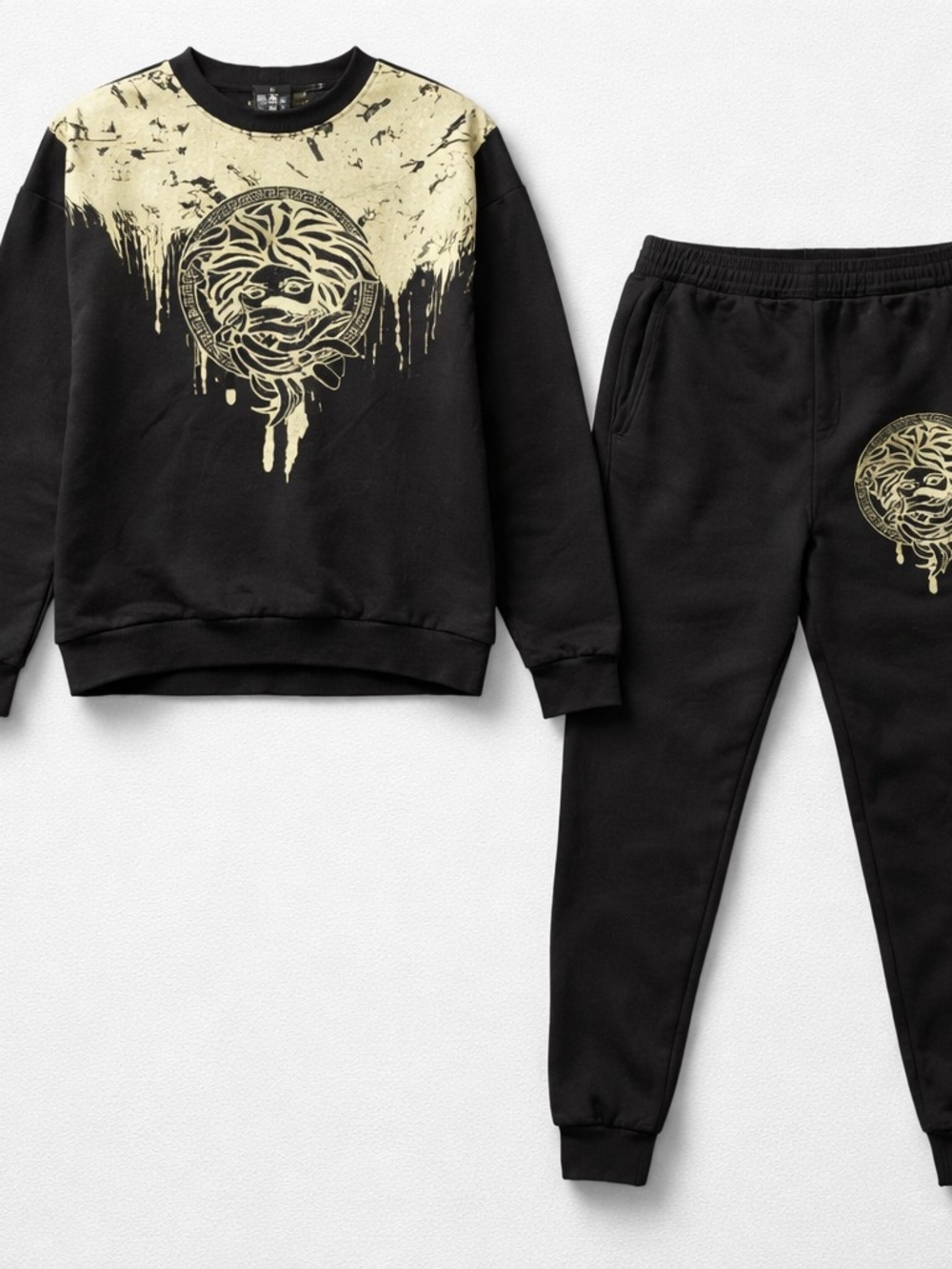 Black Sweatshirt & Jogger Set with Gold Medusa Graphic